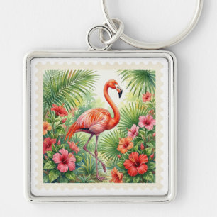 PINK TROPICAL FLAMINGO AND TROPICAL HIBISCUS KEY RING