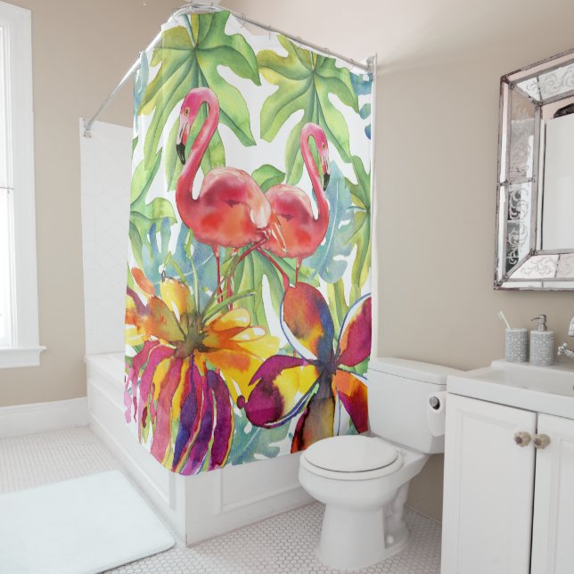 Pink Tropical Flamingo Bird Watercolor Shower Curtain (In Situ)