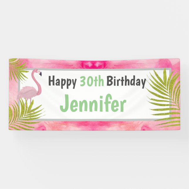 Pink Tropical Flamingo Happy Birthday With Age Banner (Horizontal)