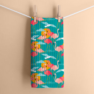 Pink Tropical Flamingos on Teal Kitchen Towel