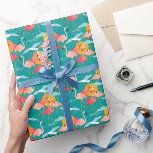 Pink Tropical Flamingos on Teal Wrapping Paper