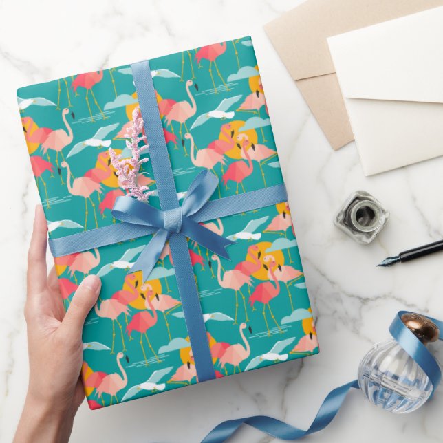 Pink Tropical Flamingos on Teal Wrapping Paper (Gifting)