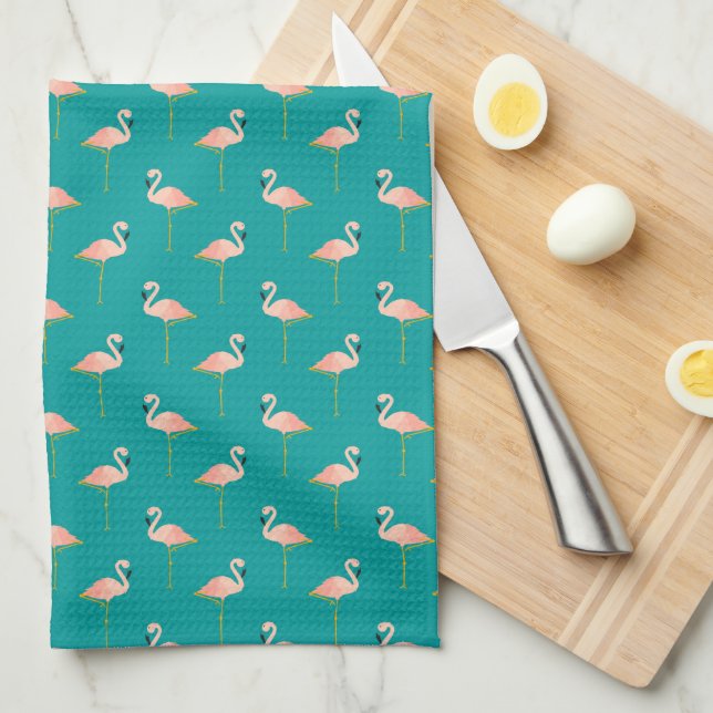 Pink Tropical Flamingos on Turquoise Kitchen Towel (Quarter Fold)