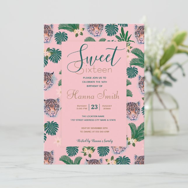 Pink Tropical Floral Foliage and Leopard Faces Invitation (Standing Front)
