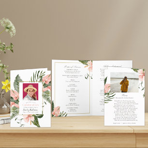 Pink Tropical Floral Funeral Order Of Service Program
