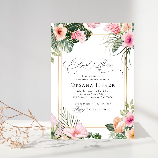 Pink Tropical Floral Gold Frame Bridal Shower Invitation (Creator Uploaded)