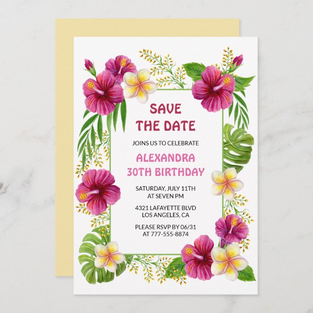 Pink Tropical Floral Luau Birthday Save the date Invitation (Front/Back)