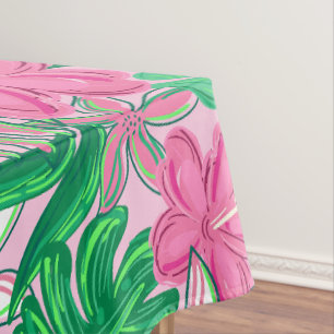 Pink Tropical Floral / Pink White Flowers Greenery Tablecloth