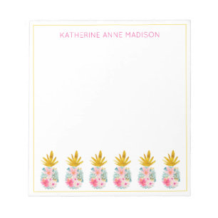 Pink Tropical Flowers and Gold Pineapples Notepad
