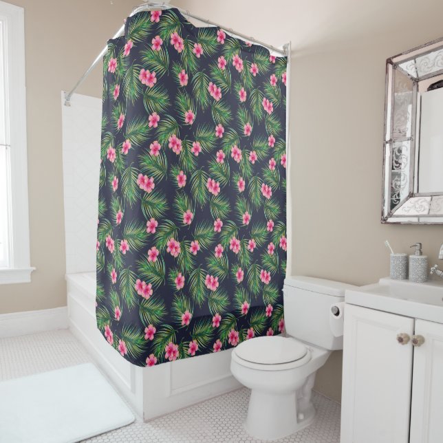 Pink Tropical Flowers and Green Leaf Pattern Blue Shower Curtain (In Situ)