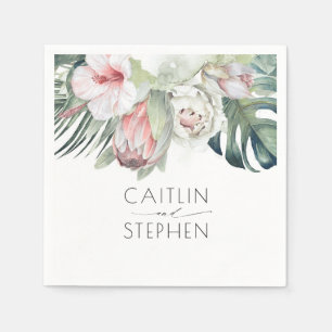 Pink Tropical Flowers and Palm Leaves Beach Party Napkin