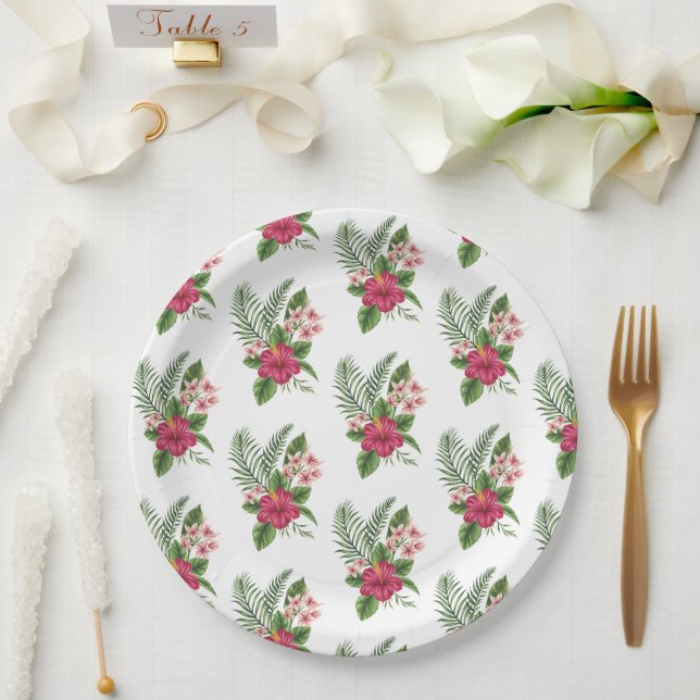 Pink Tropical Flowers Bridal Shower Paper Plate (Wedding)