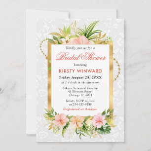 Pink Tropical Flowers Gold Foil Bridal Shower Invitation