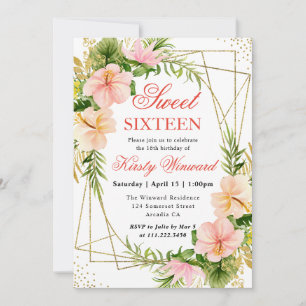 Pink Tropical Flowers & Gold Frame Sweet 16 Invitation