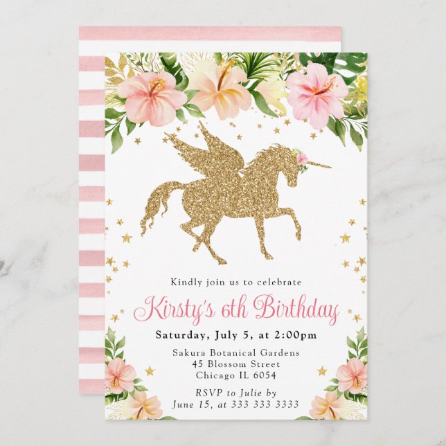 Pink Tropical Flowers Gold Unicorn Birthday Party Invitation (Front/Back)