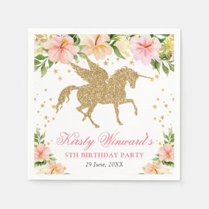 Pink Tropical Flowers Gold Unicorn Birthday Party Napkin