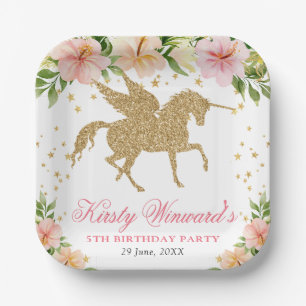 Pink Tropical Flowers Gold Unicorn Birthday Party Paper Plate