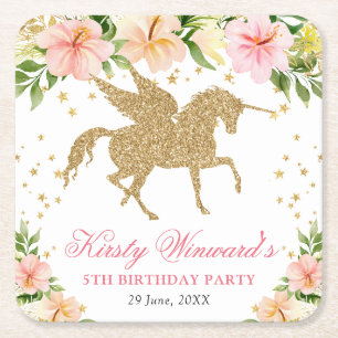 Pink Tropical Flowers Gold Unicorn Birthday Party Square Paper Coaster