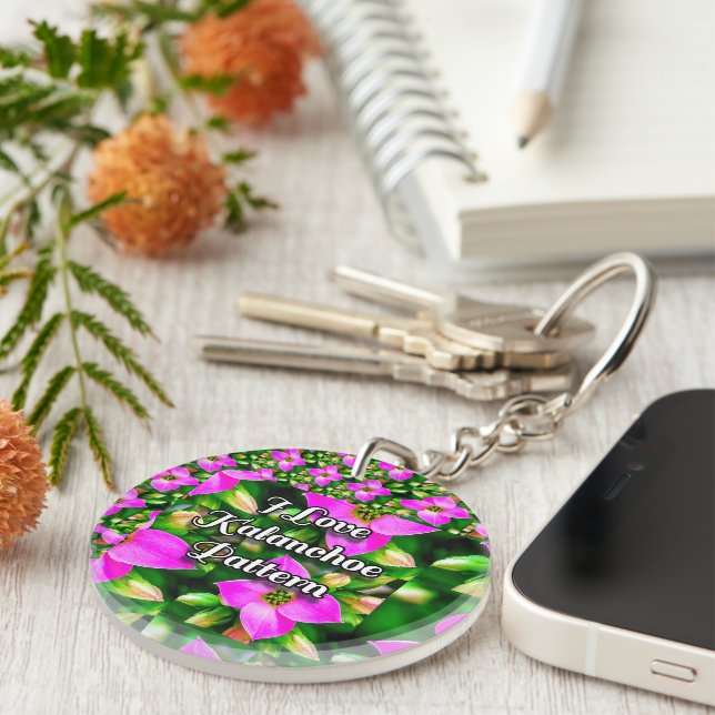 Pink Tropical Flowers Pattern Key Ring (Front Right)