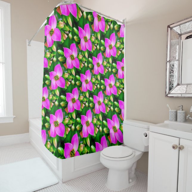 Pink Tropical Flowers Pattern Shower Curtain (In Situ)