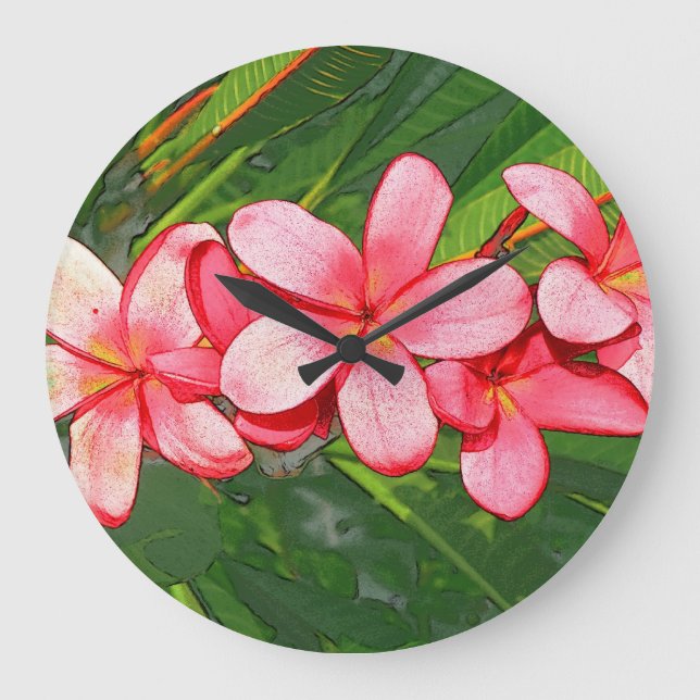 Pink Tropical Frangipani Art Large Clock (Front)