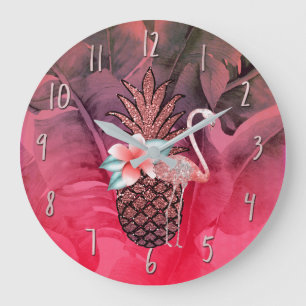 Pink Tropical Glitter Pineapple Palm Leaves Chic Large Clock