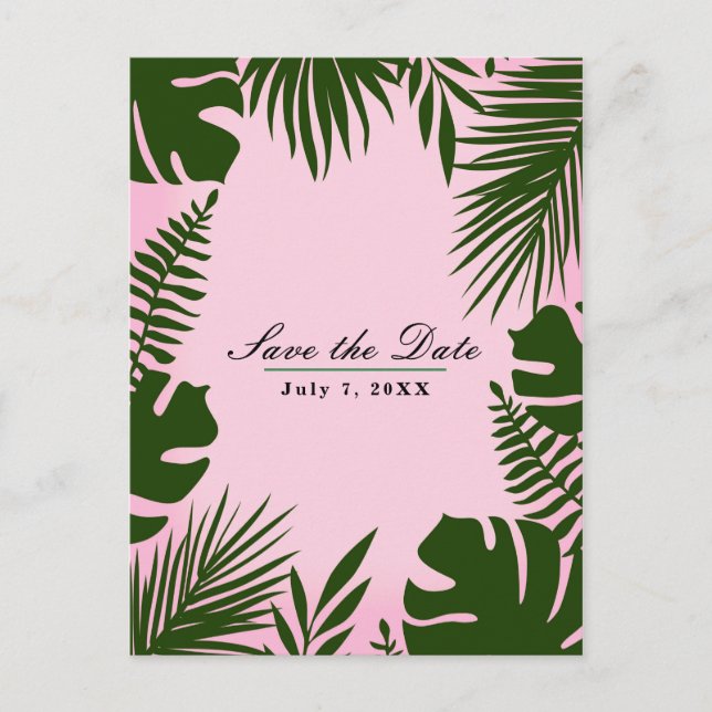 Pink Tropical Green Leaves Beach Save the Date Announcement Postcard (Front)