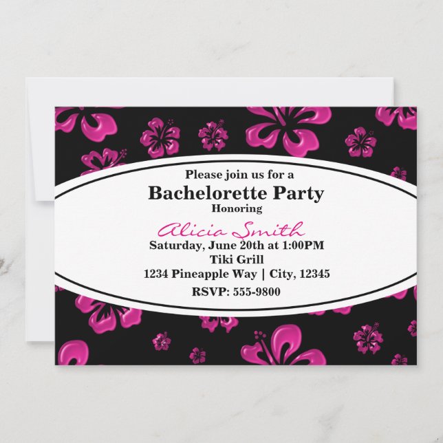 Pink Tropical Hibiscus Floral Black Invitation (Front)