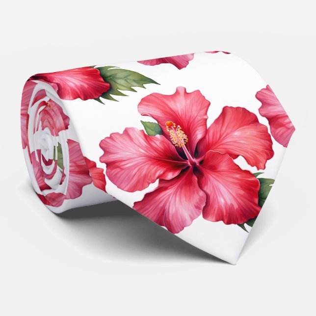 Pink Tropical Hibiscus Floral Flower Faux Silk Tie (Rolled)