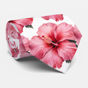 Pink Tropical Hibiscus Floral Flower Faux Silk Tie