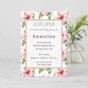Pink Tropical Hibiscus Floral Gold Glitter Invitation
