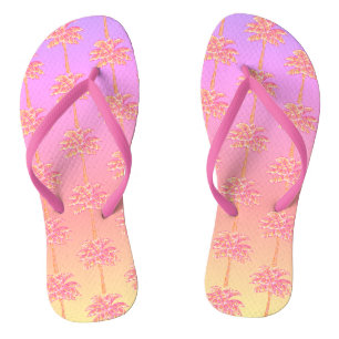 Pink Tropical Island Sunset Palm Tree Thongs