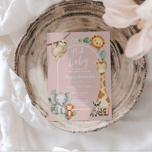 Pink Tropical Jungle Safari Animals Baby Shower Invitation