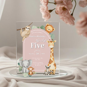 Pink Tropical Jungle Safari Animals birthday Acrylic Invitations