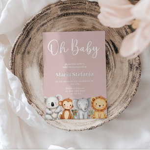 Pink Tropical Jungle Safari Baby Shower Animals Invitation