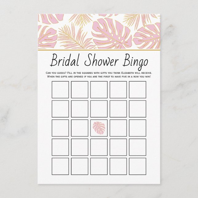 Pink tropical leaves bridal shower bingo game card (Front)