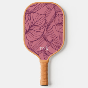 Pink Tropical Leaves Monogram Pickleball Paddle
