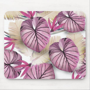 Pink tropical leaves mouse pad