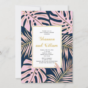 Pink tropical leaves navy wedding couple's shower invitation