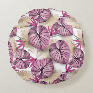 Pink tropical leaves round cushion