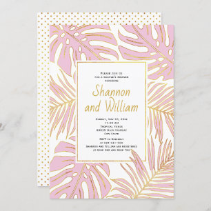 Pink tropical leaves wedding couple's shower invitation