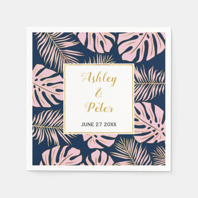 Pink tropical monstera, palm leaves navy wedding napkin (Front)