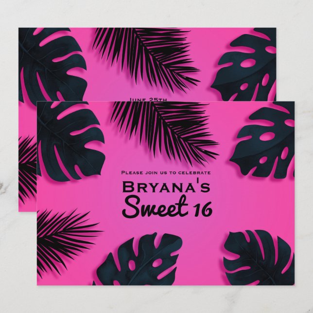 Pink Tropical Palm Leaves Luau Party Invitations (Front/Back)