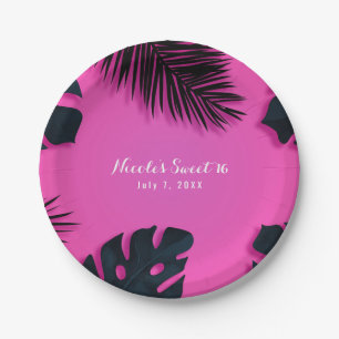 Pink Tropical Palm Leaves Luau Party Summer Chic Paper Plate
