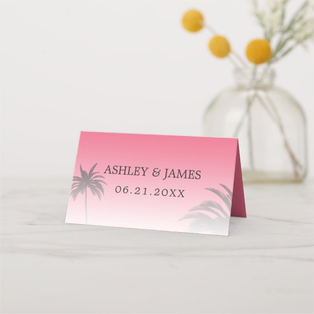 Pink Tropical Palm Tree Beach Wedding Place Card (Front)