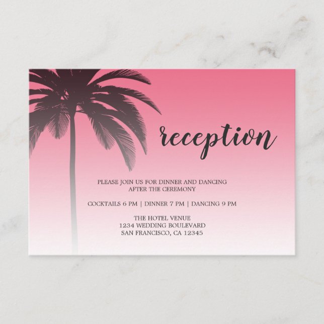 Pink Tropical Palm Tree Beach Wedding Reception Enclosure Card (Front)