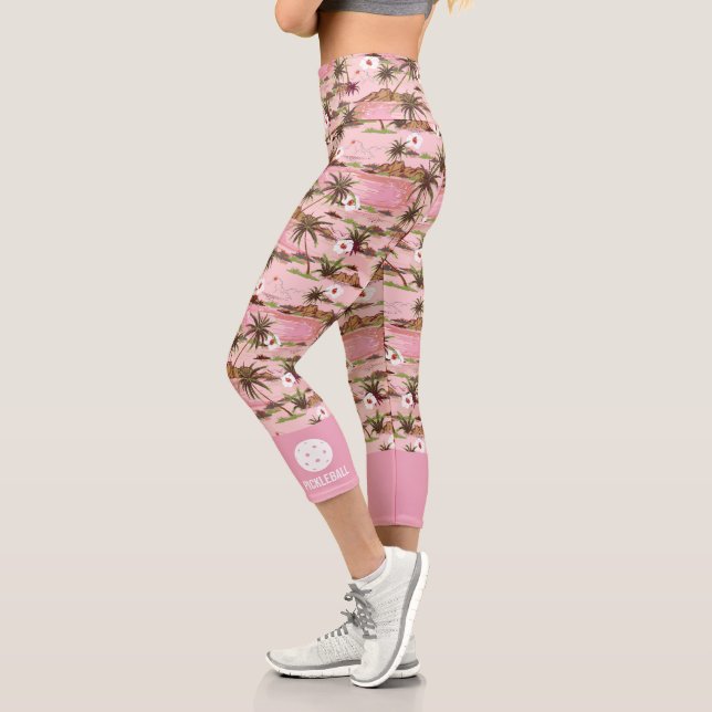 Pink Tropical Palm Trees Custom Text Pickleball Capri Leggings (Left)