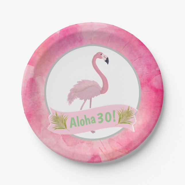 Pink Tropical Palms Flamingo Age Birthday Party Paper Plate (Front)