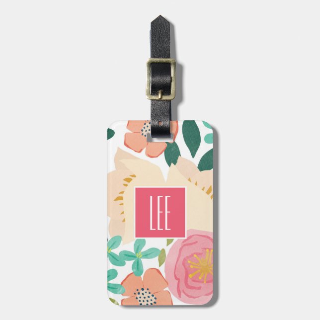 Pink Tropical Personalised Monogram Luggage Tag (Front Vertical)