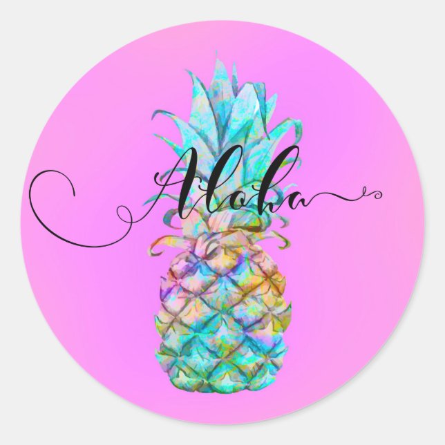Pink Tropical Pineapple Colour Splash Luau Aloha Classic Round Sticker (Front)